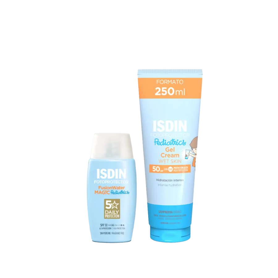 PACK FOTOPROTECTOR ISDIN PEDIATRICO GEL CREMA WET SKIN 50 + 250 ml + FOTOPROTECTOR ISDIN PEDIATRICS FUSION WATER MAGIC 50+ X 50 ML